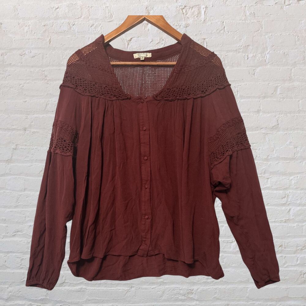 Gimmicks Brown Crinkle Boho Long Sleeve Crochet Lace Yoke Button Front Blouse M